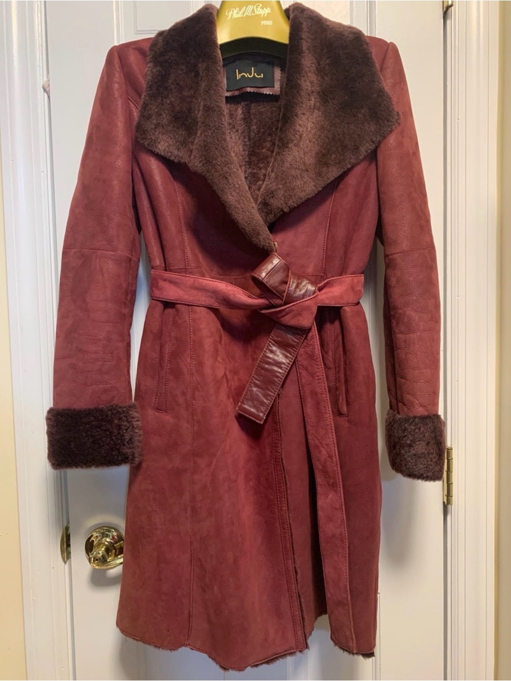 Women's Burgundy Shearling-Trim Wrap Coat